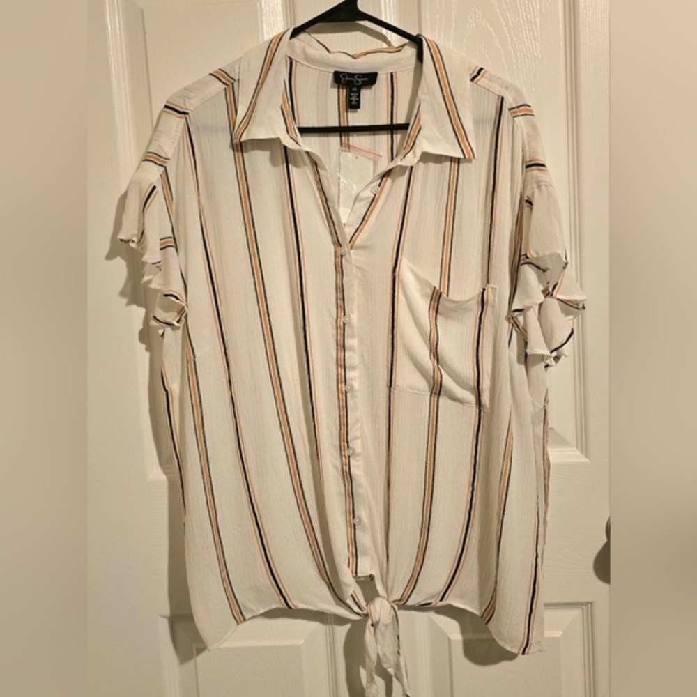 Jessica Simpson Rhea Striped Flutter Sleeve Tie‎ Front Top White NWT Size 1X